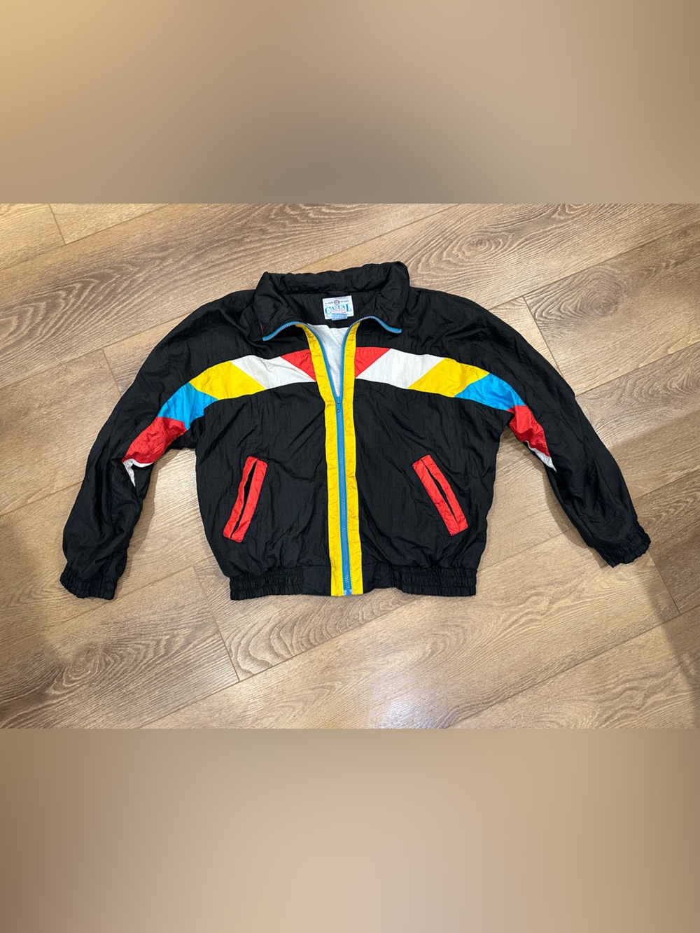Vintage Colorblock Windbreaker Jacket - Black with Red, Yellow & Blue Accents LG